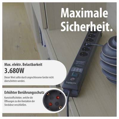 Advertisement image of a power strip: 'Maximum safety.' with maximum electrical load capacity of 3,680 W and enhanced contact protection through plastic shutters.