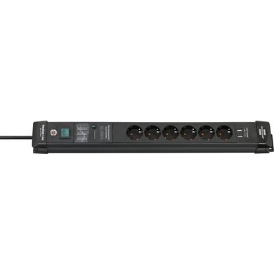 Black power strip with surge protector, eight outlets and two USB ports, with a long attached cord on the left.