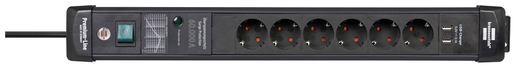 A black six-socket power strip with a green on/off switch. Ideal for connecting multiple devices.