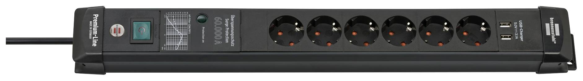 A black power strip with eight sockets and two USB ports, with a main switch illuminated by a green light that is activated.