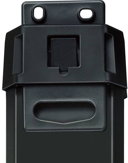 Black plastic clip with two round mounting holes at the top and a rectangular cutout in the centre, likely a mounting clip.