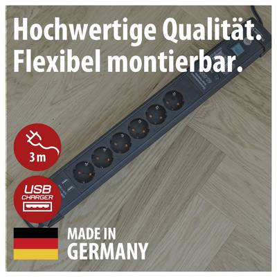 Power strip with 3 m cable and USB charging unit; Text: 'Premium quality. Flexibly mountable.' and 'Made in Germany'.