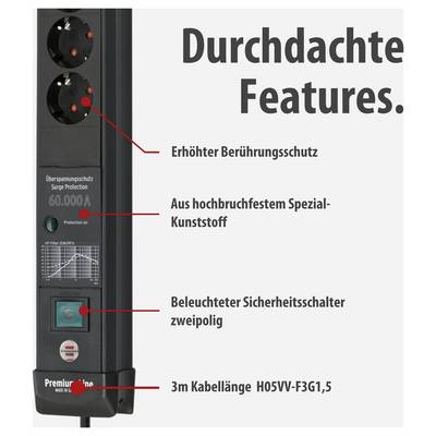 Product graphic of a power strip module with surge protection: Highlighted are touch protection, robust plastic, illuminated two-pole safety switch and 3 m cable.