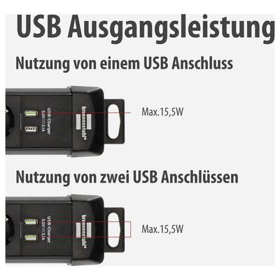 Infographic on USB Output Power: A USB port delivers a maximum of 15.5 W; even when using two USB ports, the power remains at a maximum of 15.5 W.