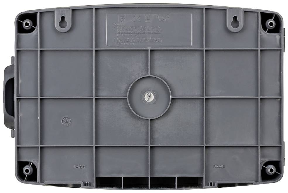 Grey, rectangular plastic lid with a central screw and a square pattern. 'Drain' inscription in the bottom right corner.