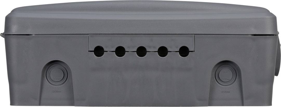 Grey plastic case with multiple round cutouts on the front. Potential use: Electronics enclosure.