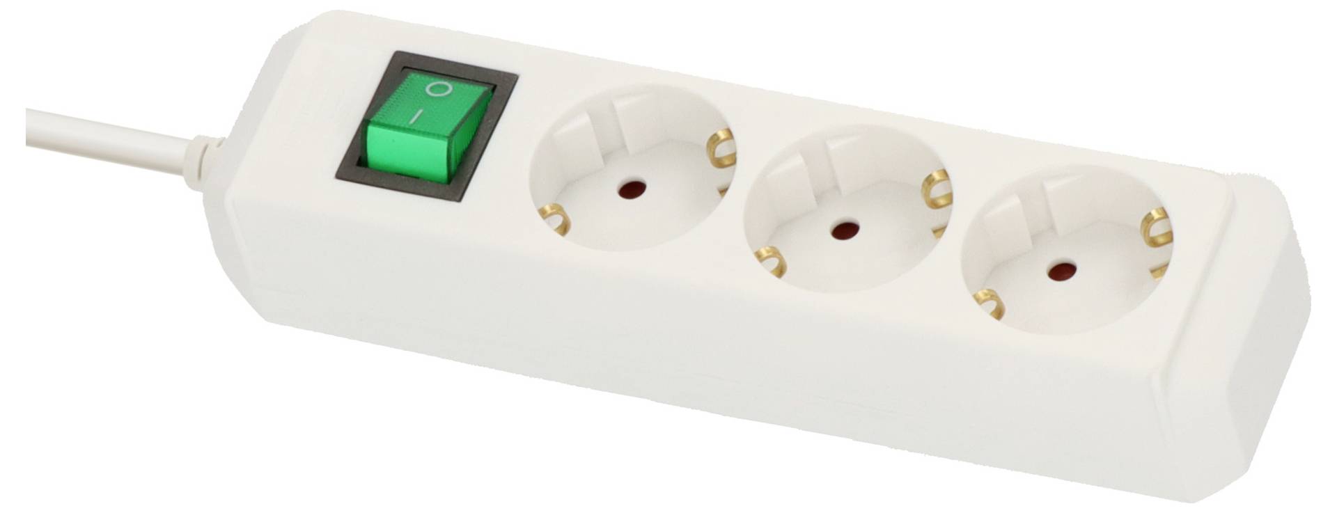 White three-outlet power strip with a green on/off switch and attached plug cord<br>