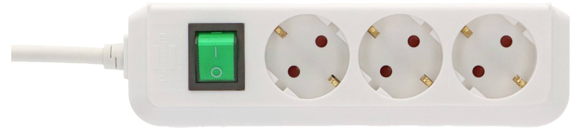 White power strip with three round outlets and a lit green on/off switch, with a plug connected on the left.