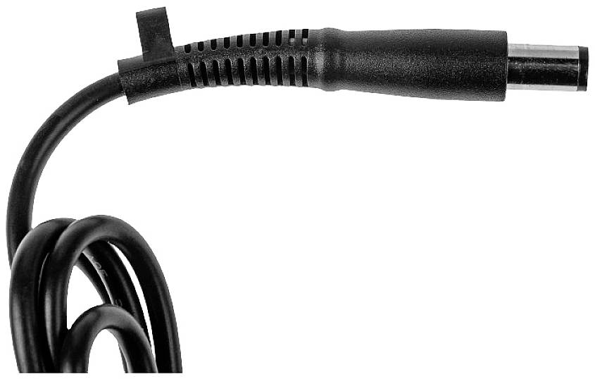 A black power cable plug with a moulded cable guard and sheath, providing a stable connection for electronic devices.