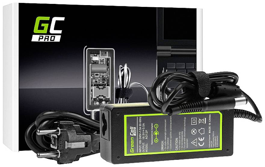 Power supply from Green Cell with European plug, in front of a package labelled 'GC Pro'.