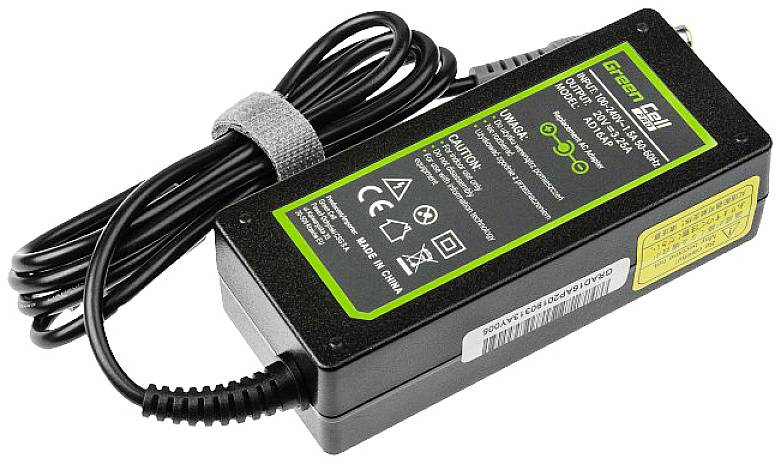 'Green Cell' power supply charger with cable, CE and RoHS symbols, and two warning notices.