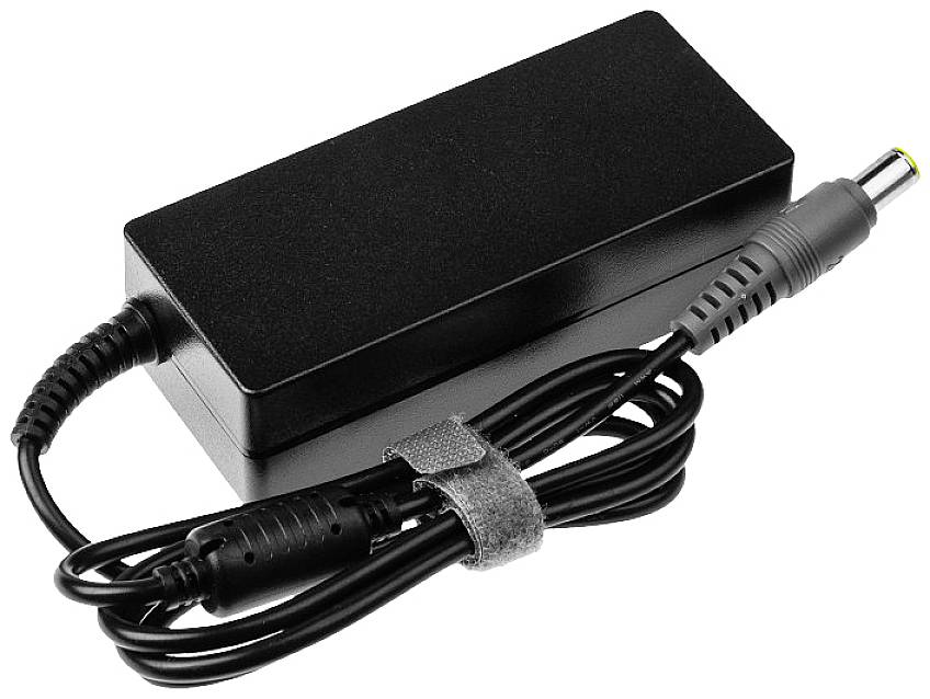 Black power cable with lead, bundled together with a hook and loop fastener, on a white background.