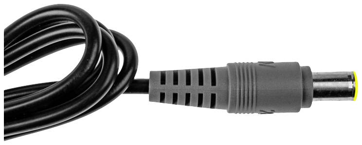 'Close-up of a black direct current plug with a ribbed grip and visible metal insertion at the end of the cable.'