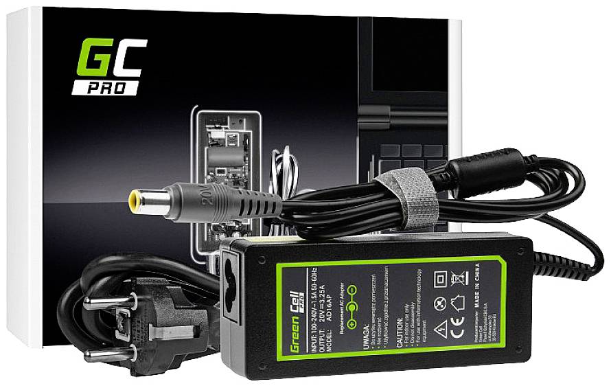 Laptop power supply with plug and cable, packaged in a box labelled 'GC Pro'. Key features include specifications and safety markings.