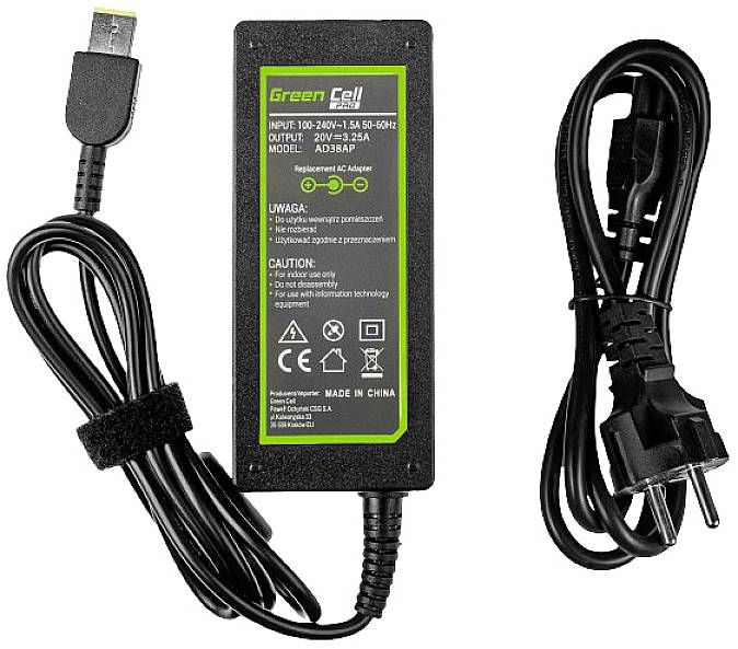 Power supply with power cable. Print indicates input voltage 100-240V, output 20V/3.25A and model 20V 3A 5P. Manufactured in China.