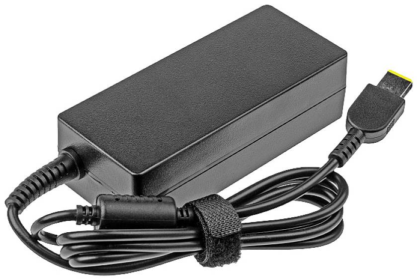A rectangular, black laptop power adapter with a cable that has a plug at one end.