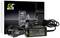 Laptop power adapter and power cable in front of a package with product design and technical details.