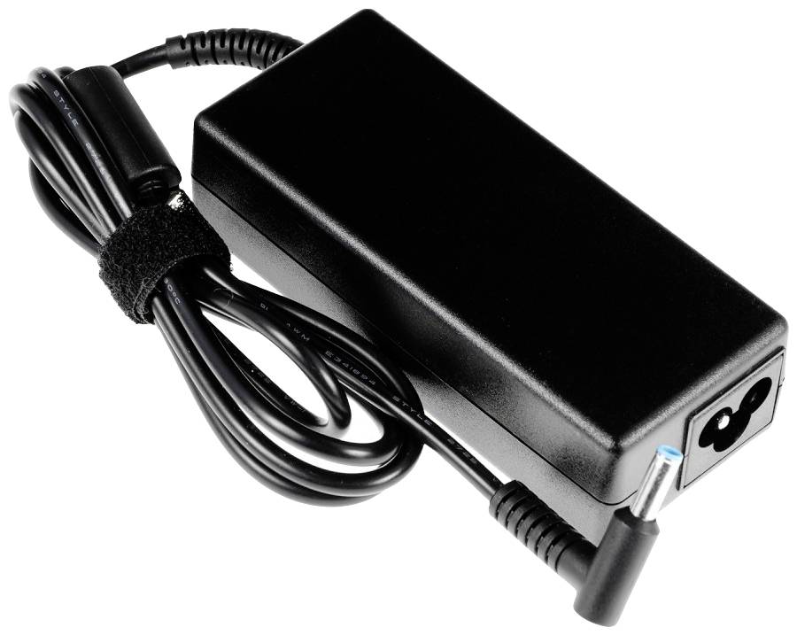Black laptop power adapter with cable and rectangular casing, showing the mains plug connector.