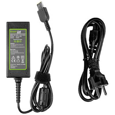 Power supply with two cables. Left cable has a plug for laptops, right cable is a mains cable with a plug for electrical sockets.