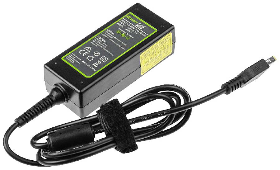 A black power supply with a detachable cable, used for electronic devices, displays technical specifications on the label.