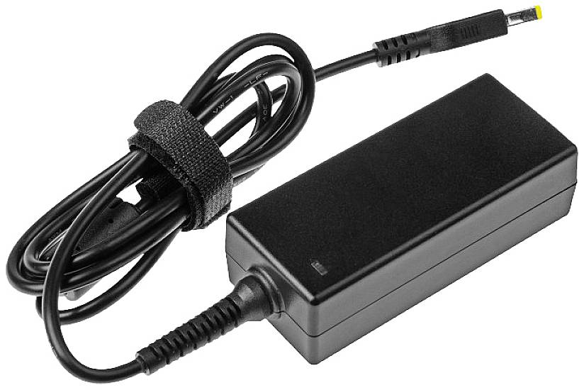 Black laptop power adapter with cable and yellow plug.
