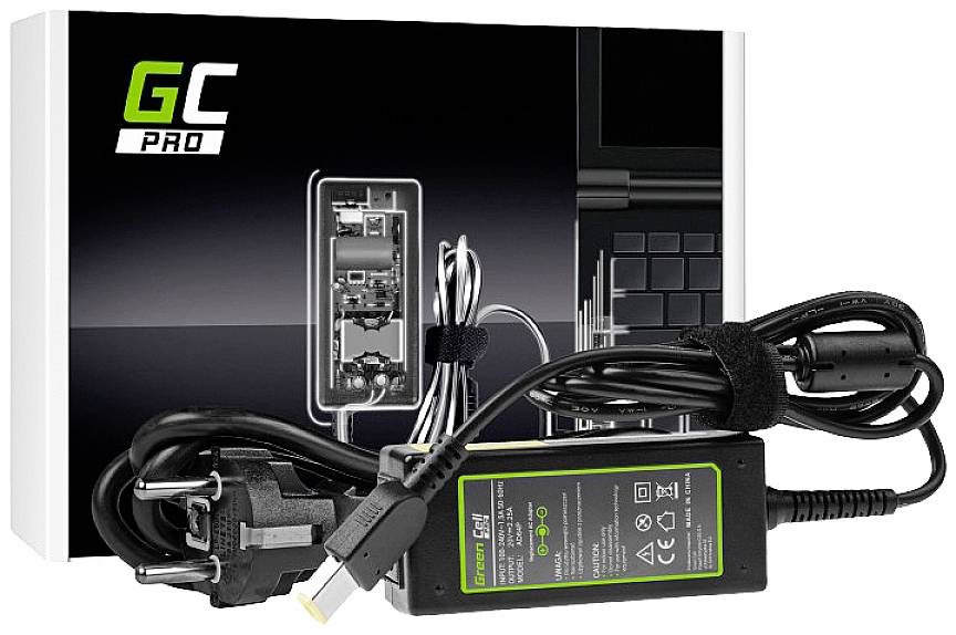 Power adapter and cable in front of a package with technical drawings. Suitable for laptops, with EU plug and technical specifications.