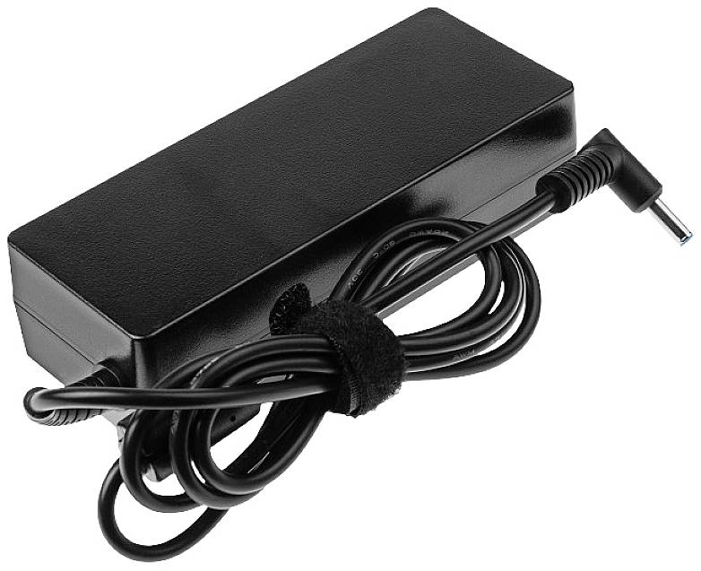 A black laptop power adapter with an attached cable and angled plug.