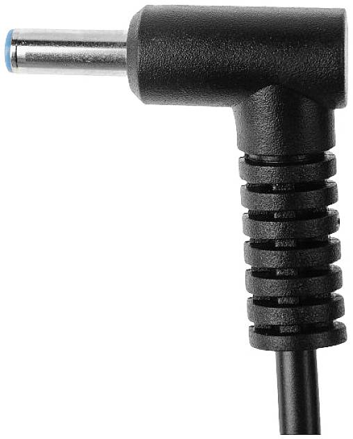 A black, angled power adapter plug with a blue ring at its tip.