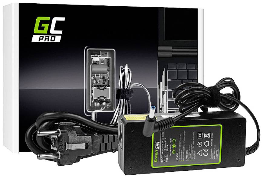 Laptop power adapter with cable, plug, and packaging from a brand. Technical specifications and an image of laptop components are visible on the packaging.