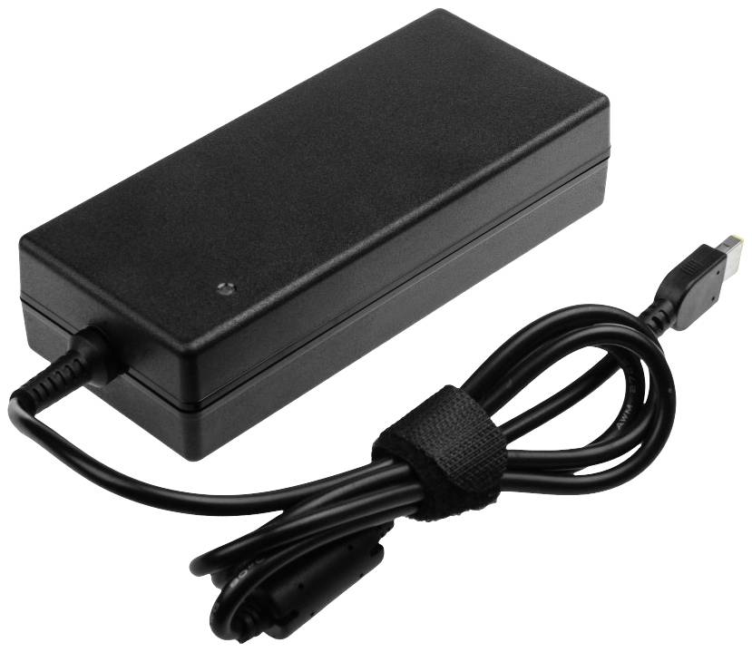 Black laptop power adapter with cable, a rectangular housing and small round plug.