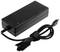 Black laptop power adapter with cable, a rectangular housing and small round plug.