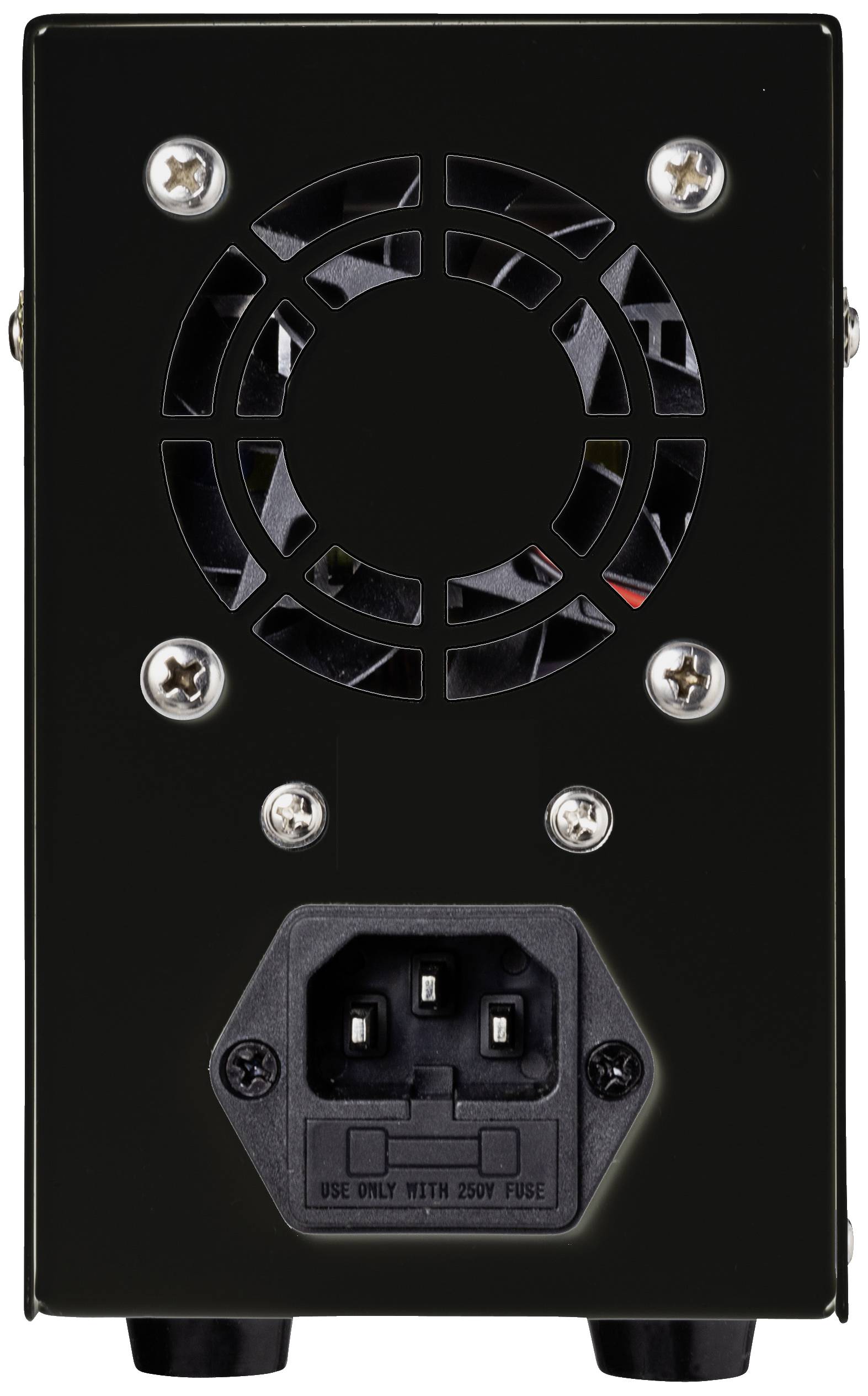 Rear view of a black computer power supply unit with fan and mains cable connection.