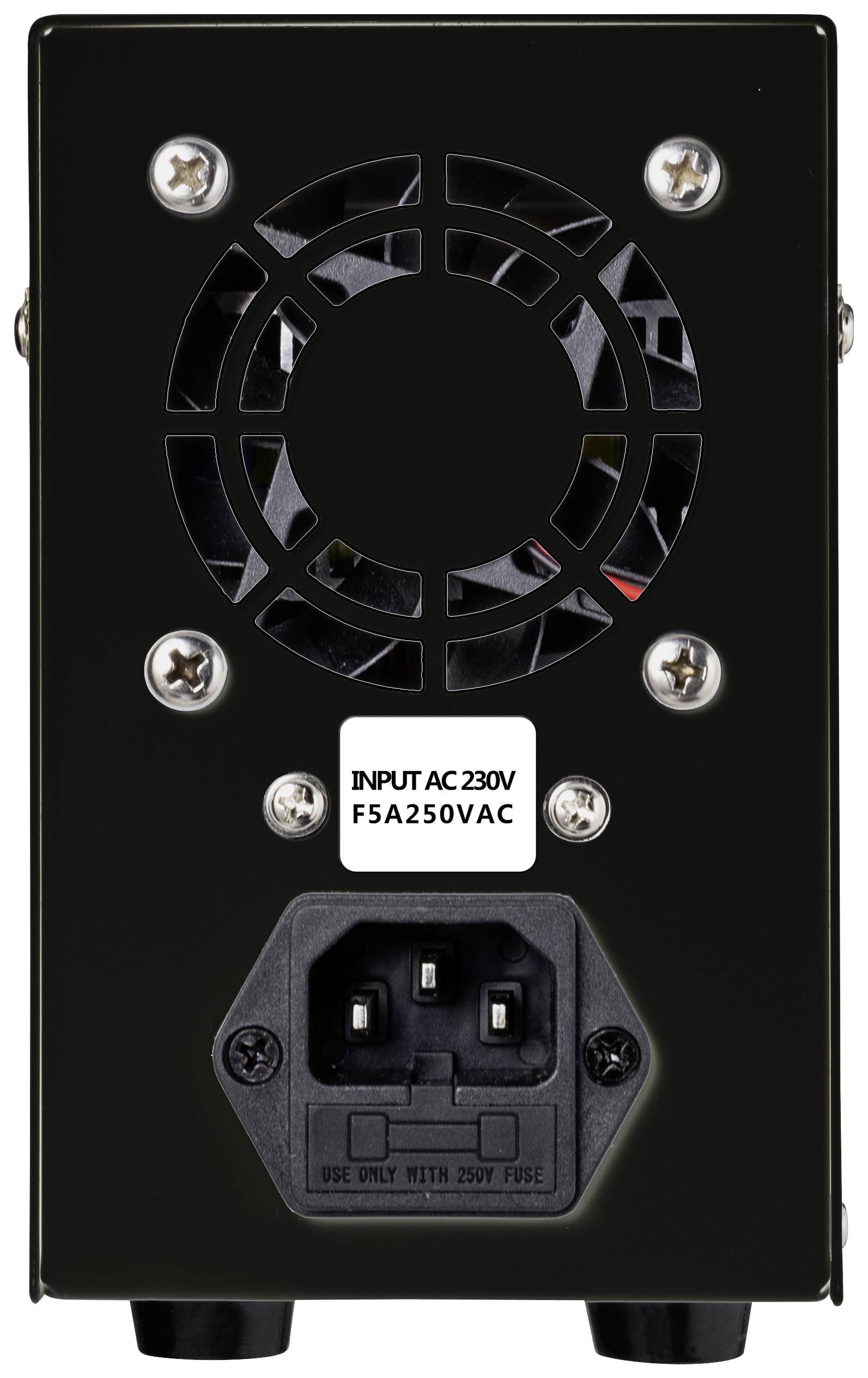 Rear view of a black power supply unit with a fan, 230V input and F5A250VAC fuse.