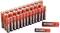 'A collection of numerous red Voltcraft batteries, grouped and arranged in pairs, on a white background.'