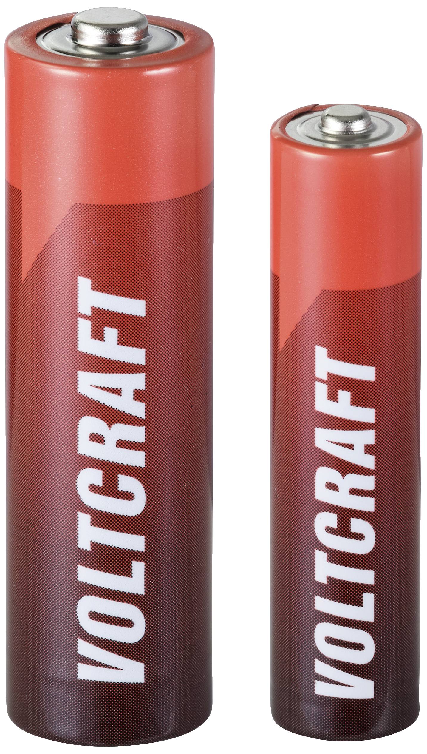 Two batteries of different sizes with the label 'VOLTCRAFT', on the left a larger AA battery, on the right a smaller AAA battery.