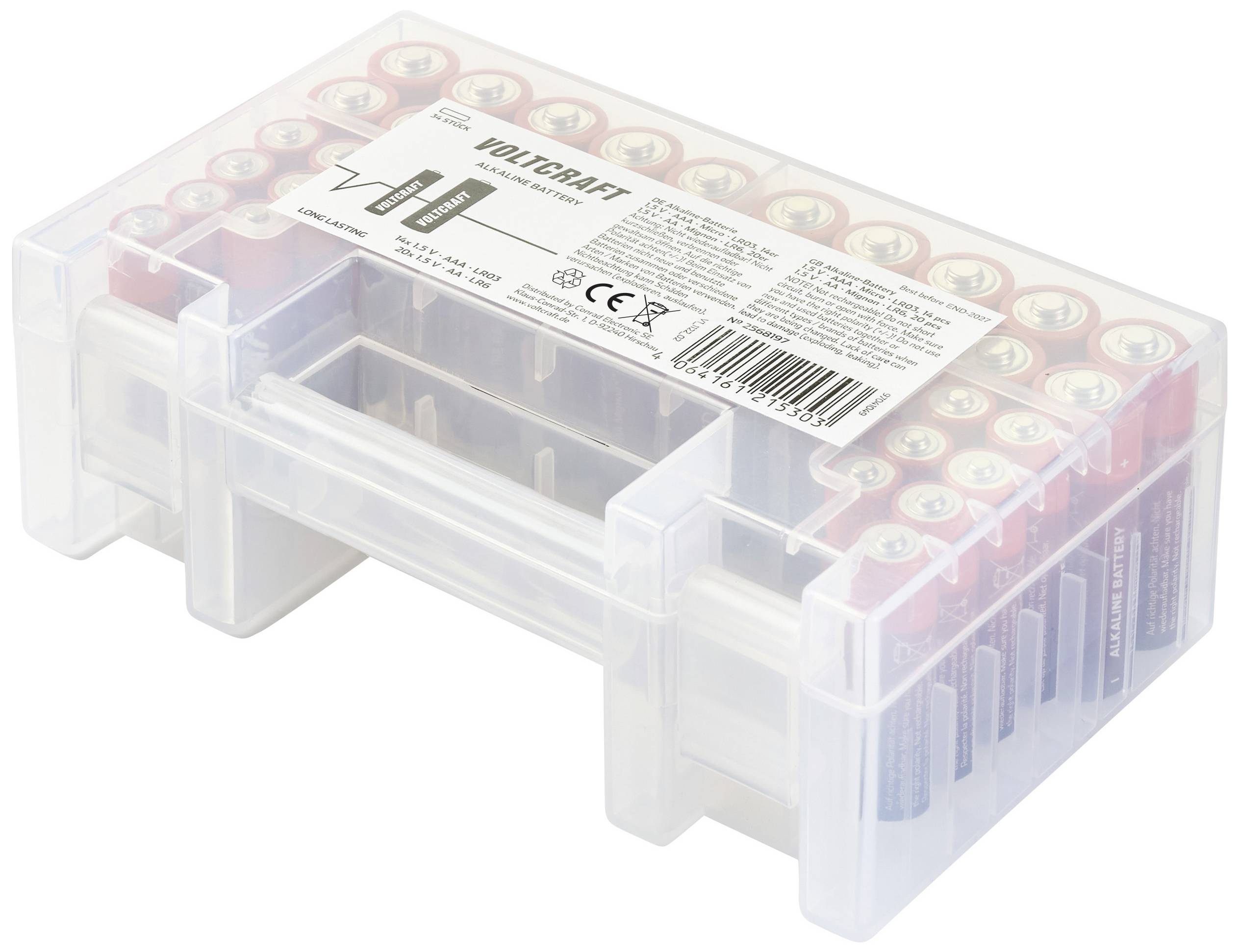 Plastic storage box containing multiple AA batteries, partially visible through the transparent casing. A safety information label is affixed to the top.