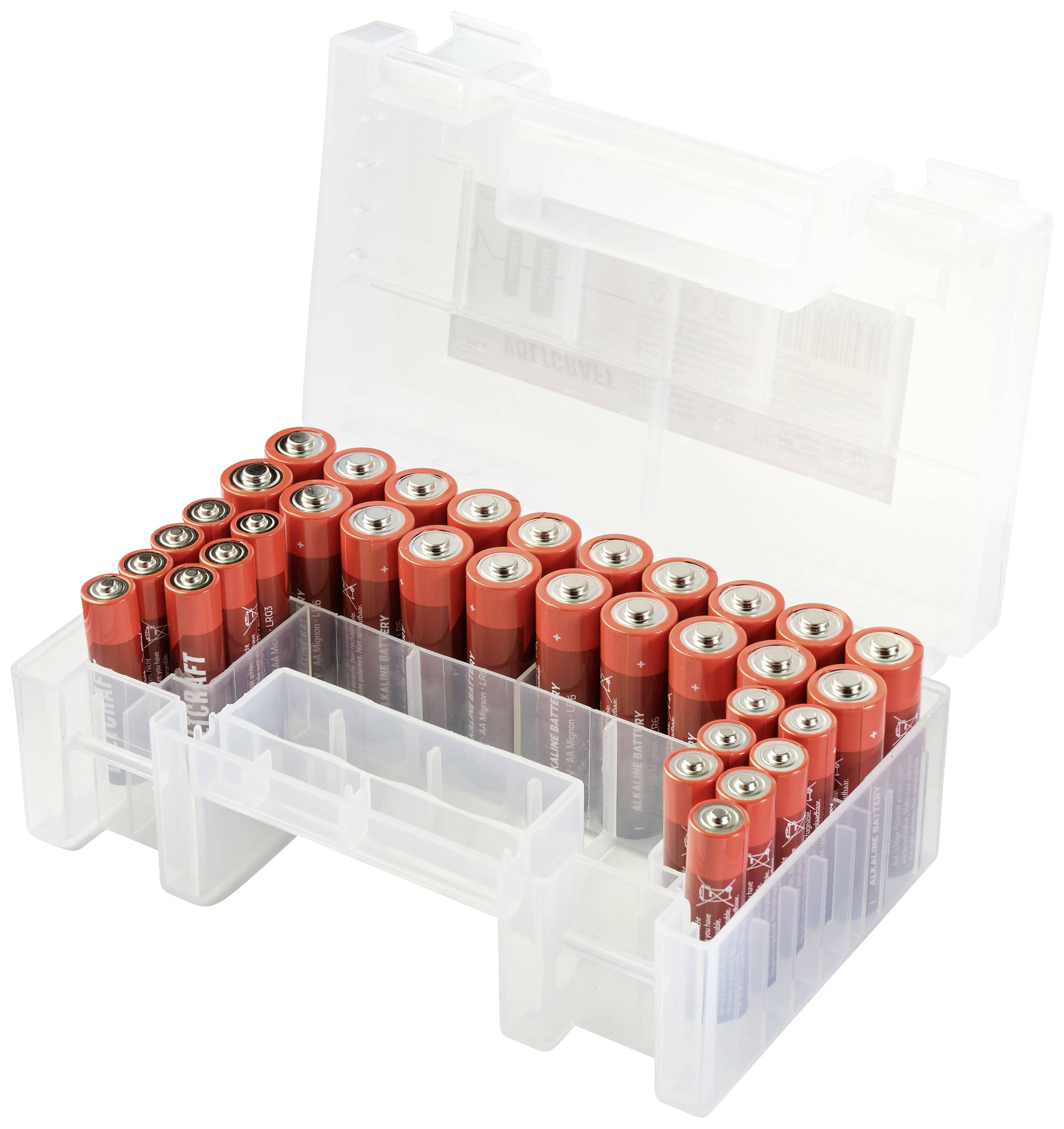 A transparent plastic container holds several red AA batteries, arranged in two rows. The lid of the box is open.