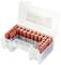 A transparent plastic container holds several red AA batteries, arranged in two rows. The lid of the box is open.