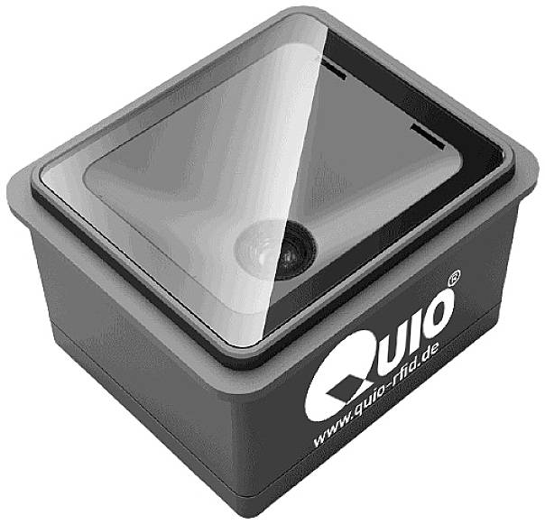 A rectangular RFID scanner by 'QUIO' with a glass panel on top, used for identifying objects with RFID tags.