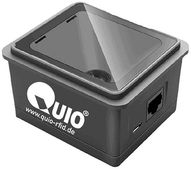 Black RFID reader by Quio with reading field on the top surface, USB and Ethernet ports on the side.