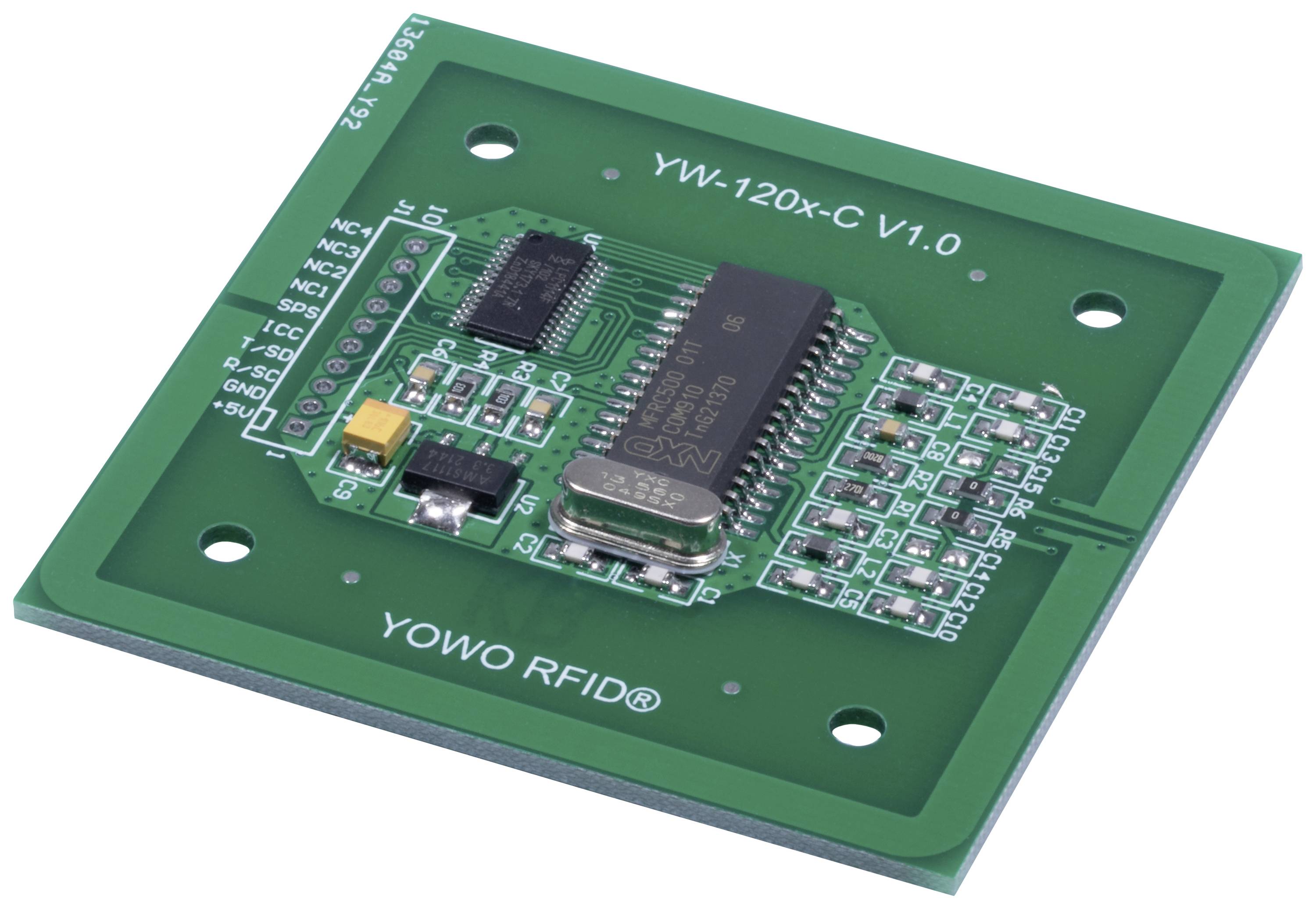 A green RFID circuit board with various electronic components and the inscription 'YW-120X-C V1.0' in the centre.