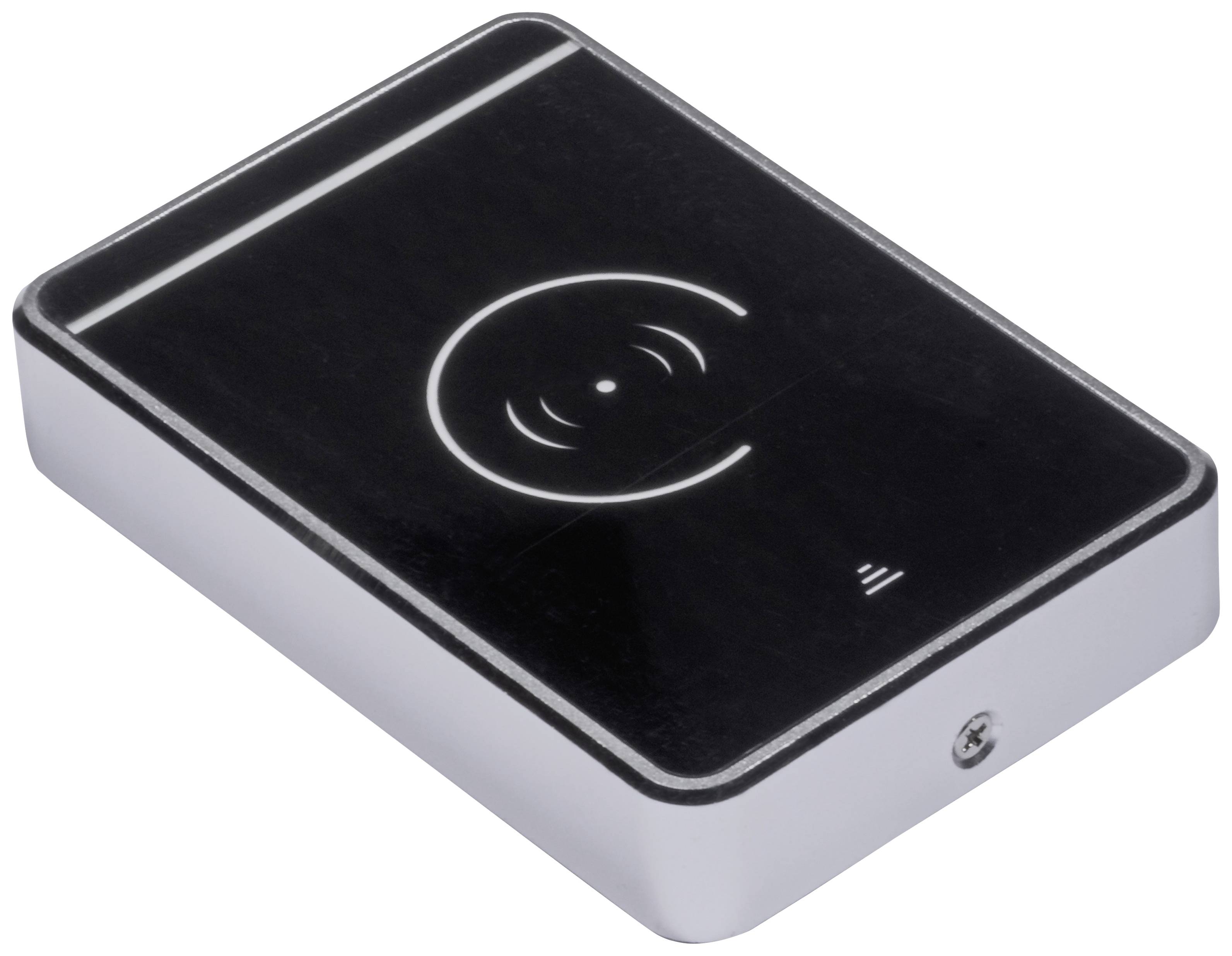 A flat, rectangular, black RFID card reader with a white antenna symbol on the front.