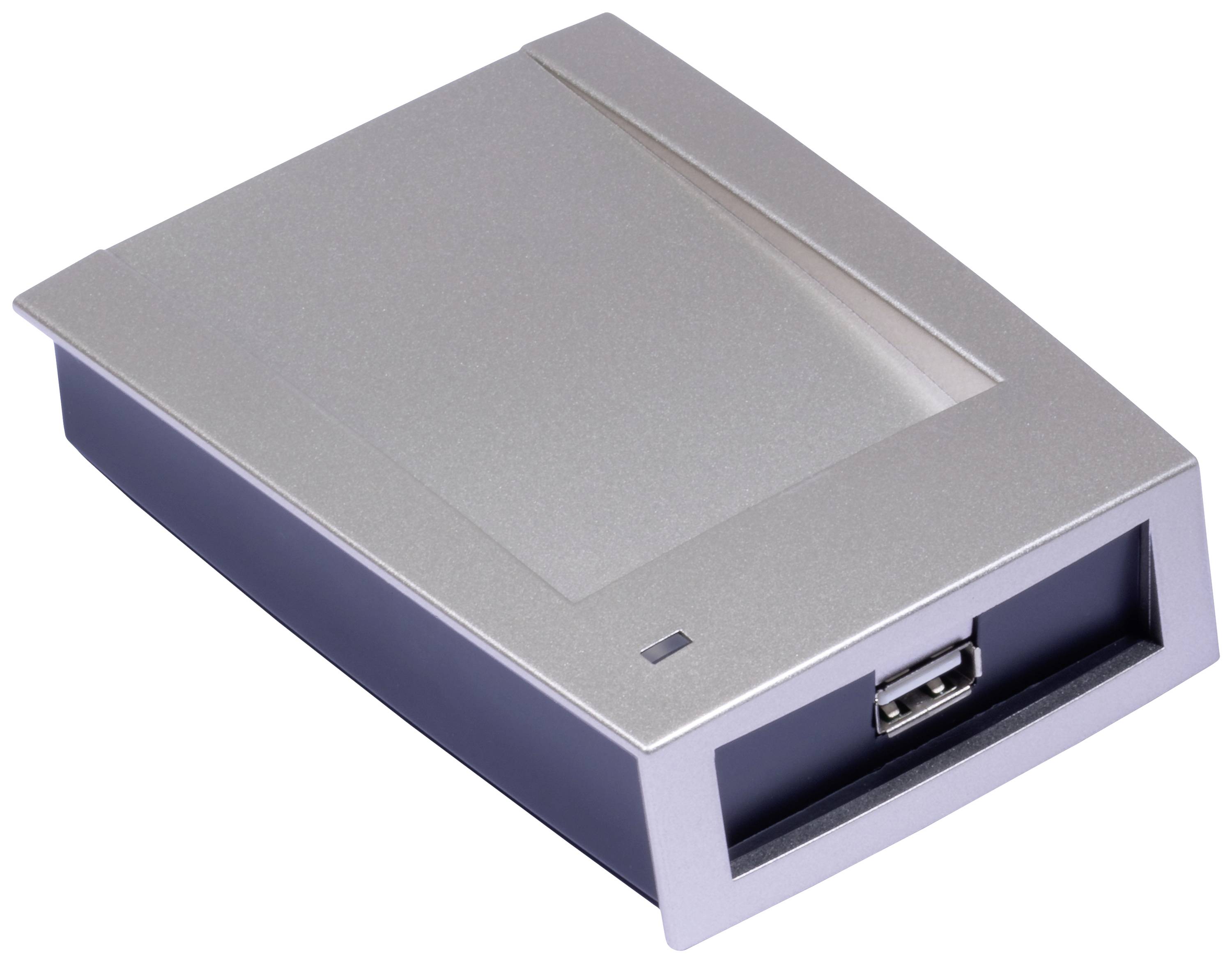 External hard drive enclosure with USB connection, rectangular and silver.