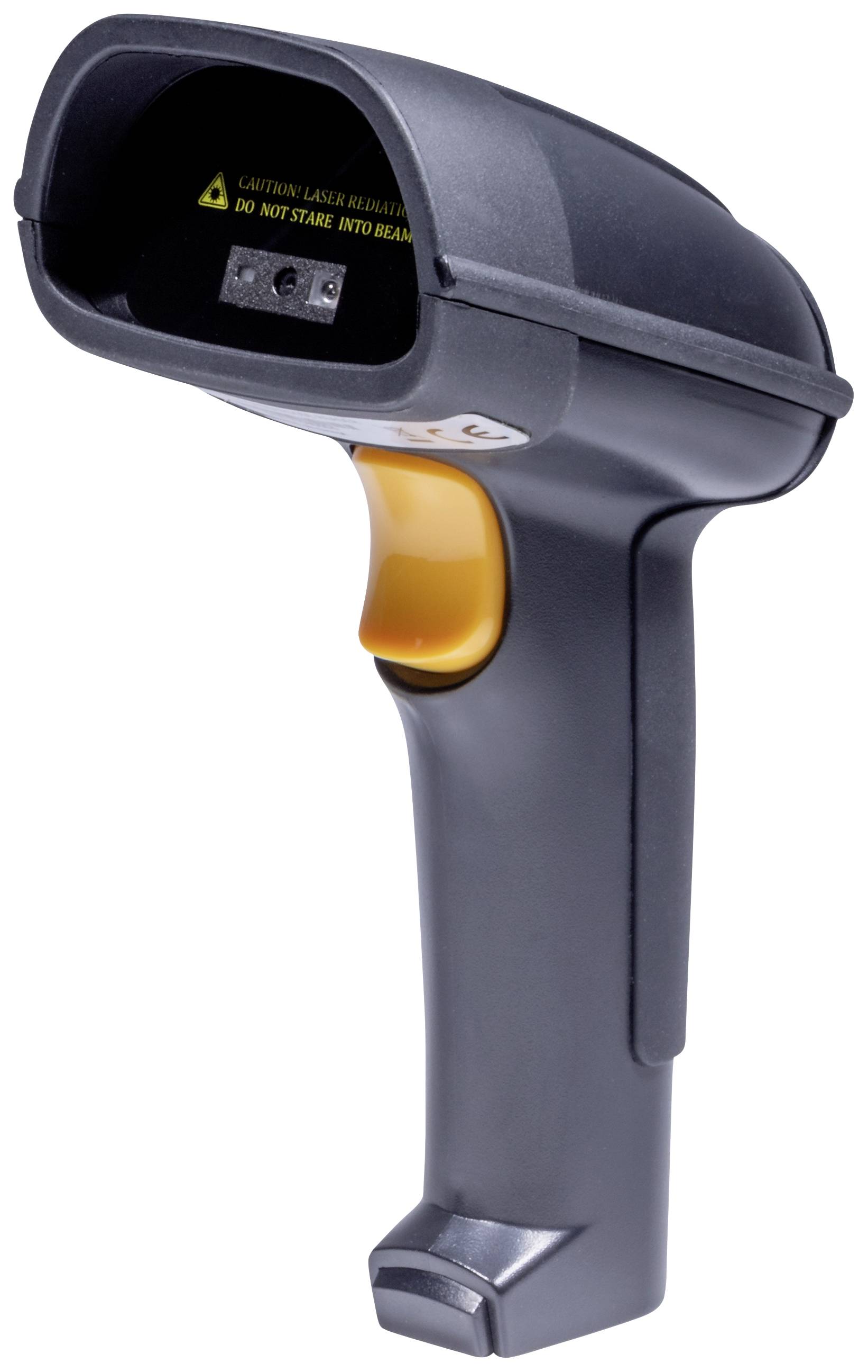 A black handheld scanner with an orange trigger, used for scanning barcodes.