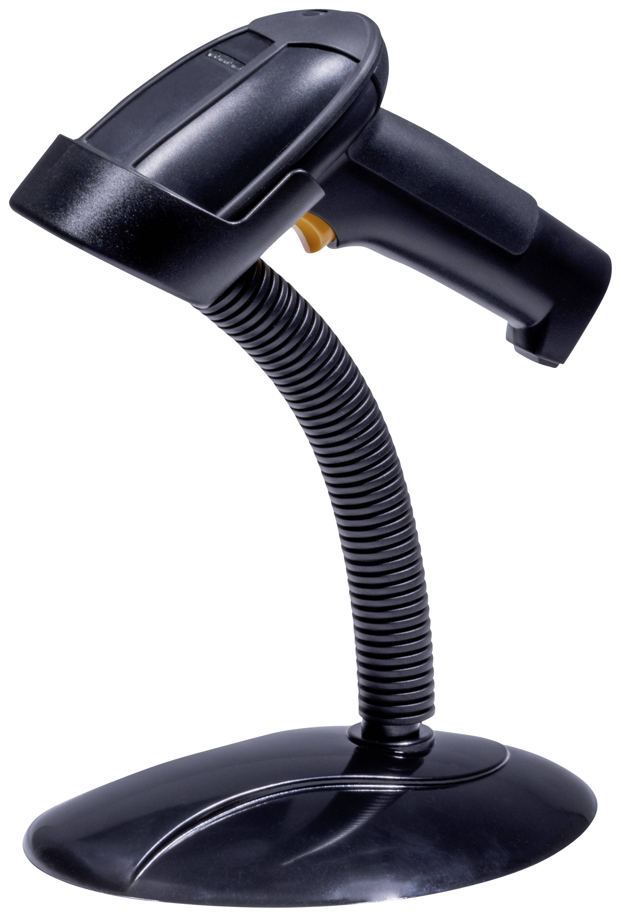 A barcode scanner stands upright in its holder. The scanner is black with a yellow button and is used for scanning barcodes.