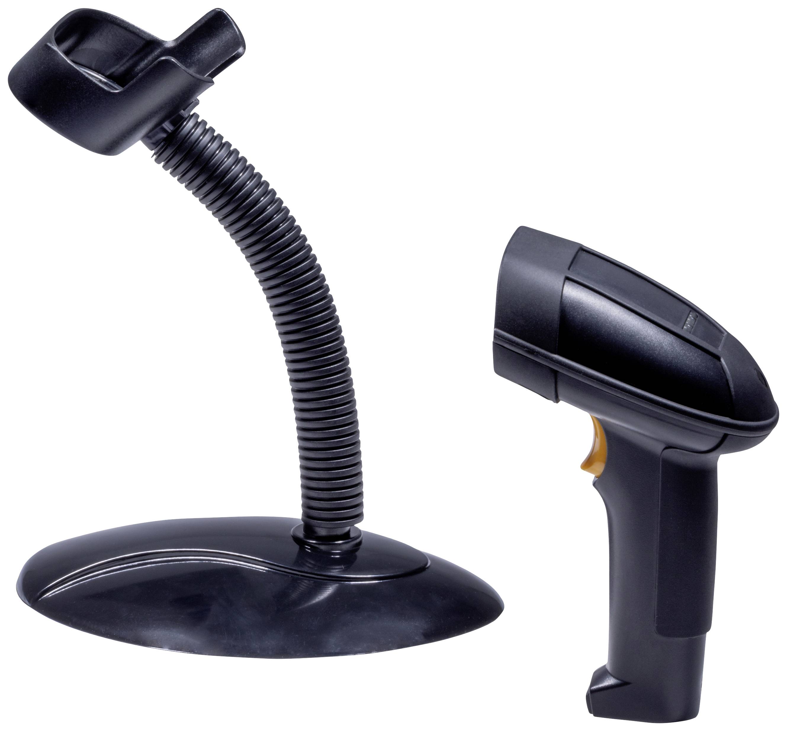 A black handheld scanner beside a flexible stand, used for code-controlled data capture in point-of-sale situations.