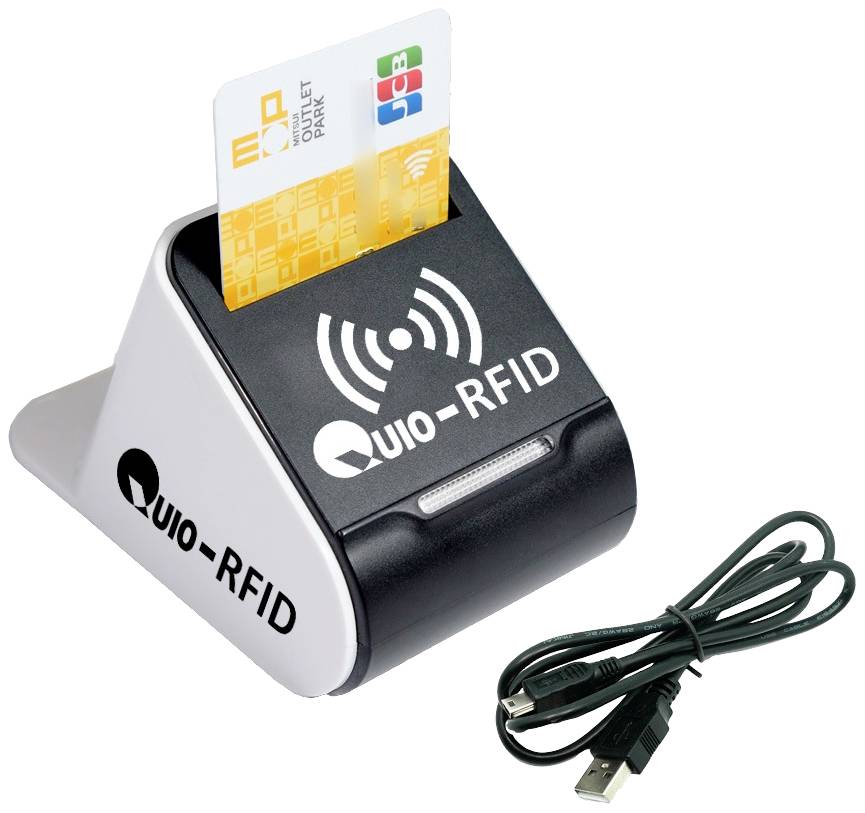 'Quio-RFID' device with an inserted RFID card and a USB cable lying beside it.