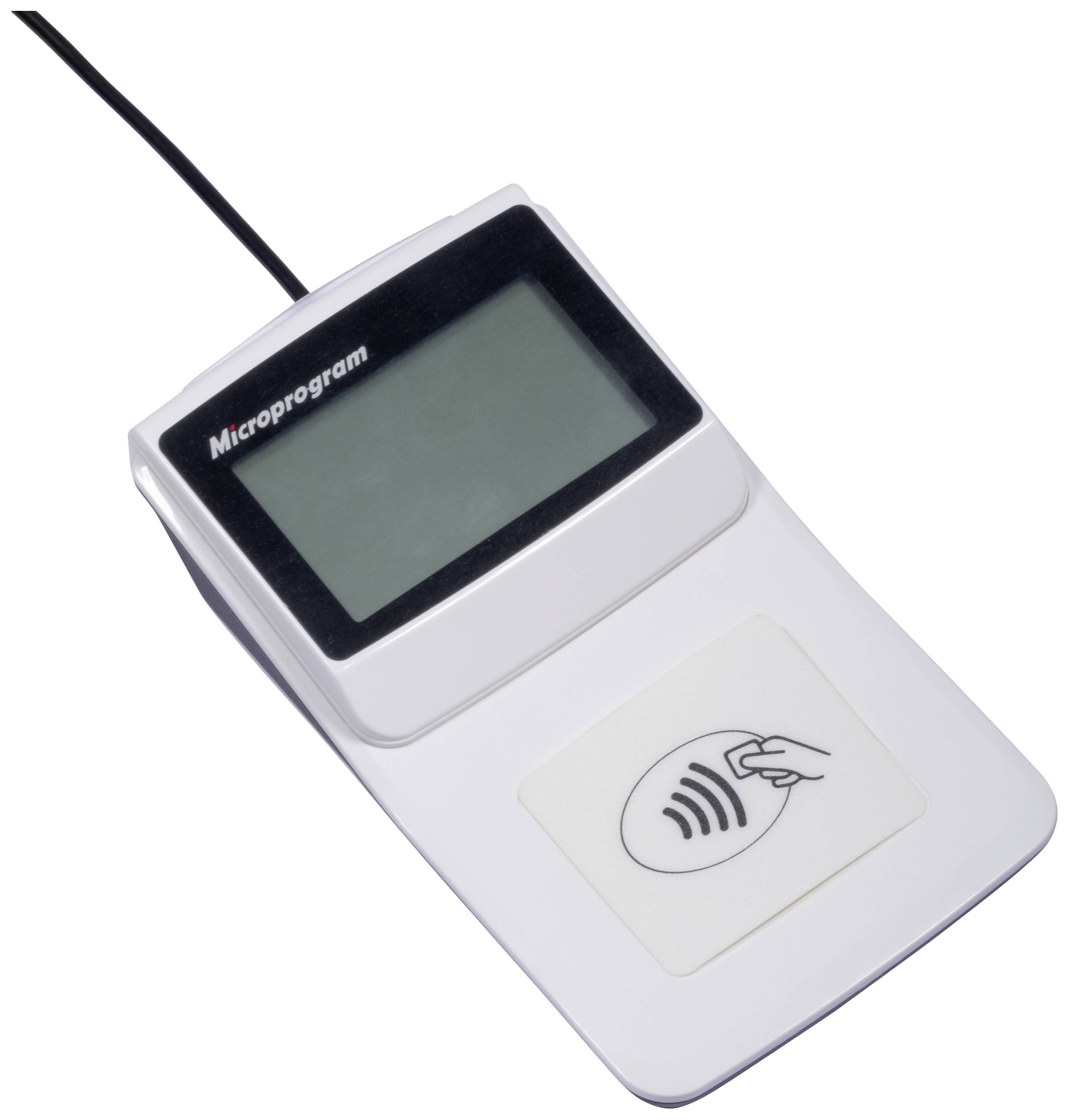 An electronic device with a display and a contactless payment symbol beneath it. The device has a cable connection.
