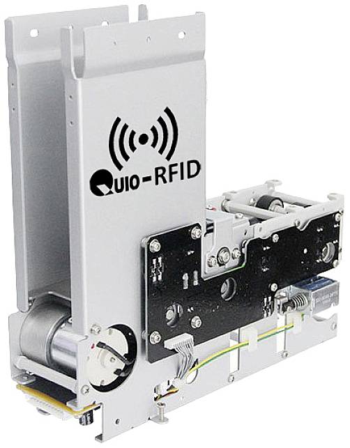 An RFID reader with visible mechanical components and the inscription 'Quio-RFID' on the front.