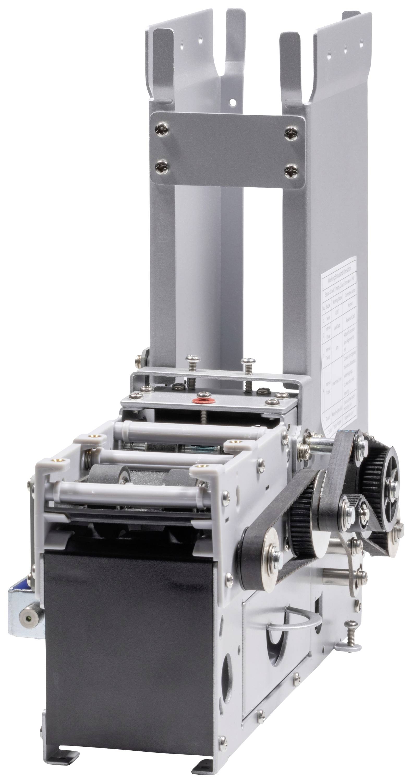 Introduction of a mechanical device with a metal casing, gears, and belts, developed for industrial or technical applications.